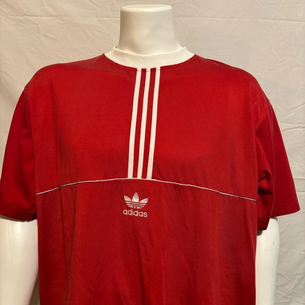 Vintage 90s Red Adidas Trefoil Heavyweight Embroidered Shirt Sz 2XL - Picture 2 of 8